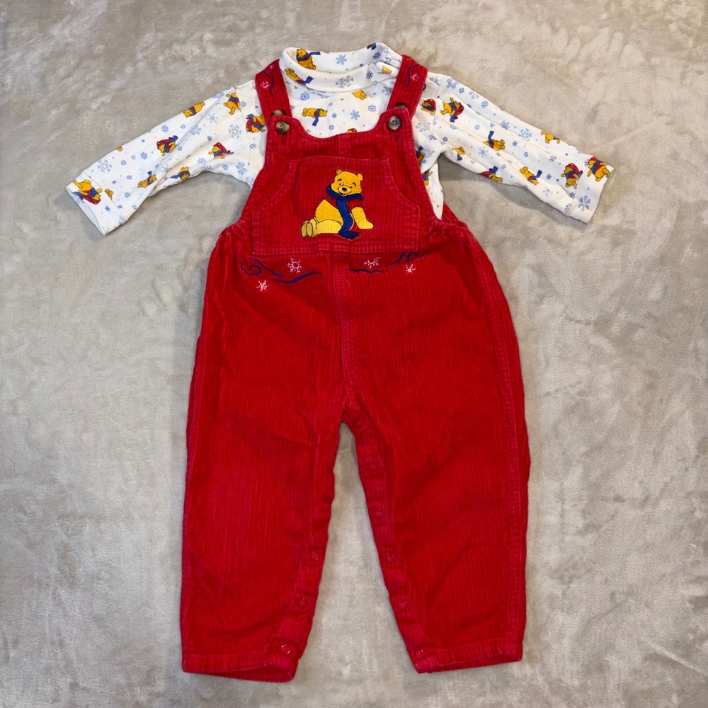 Vintage Disney Pooh Red Corduroy Overalls Set 24 Months Y2K Winter Snowflake